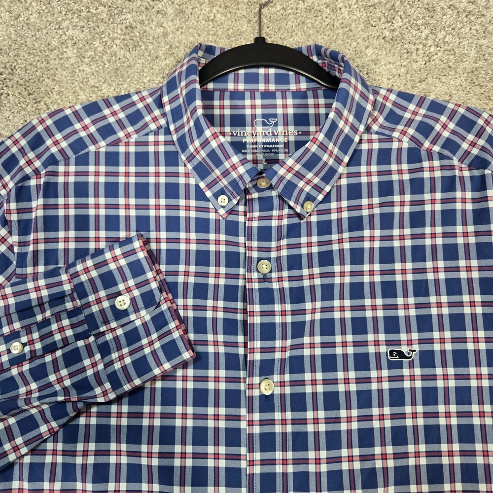 Vineyard Vines Whale Shirt Mens Large nylon stretch Red White Blue Performance